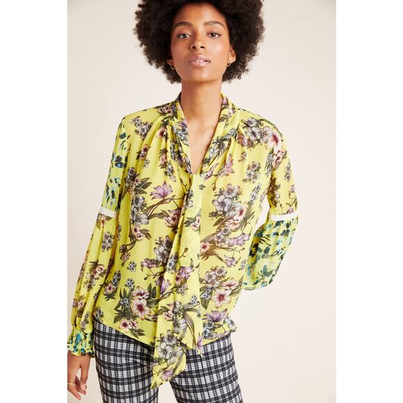 New Anthropologie x Varun Bahl Mindy Tie-Neck Floral Blouse $140 X-SMALL Yellow - Picture 1 of 5